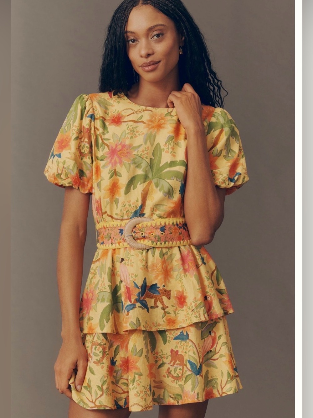 FARM Rio Yellow Tropical Floral Puff-Sleeve Mini Dress with Belt